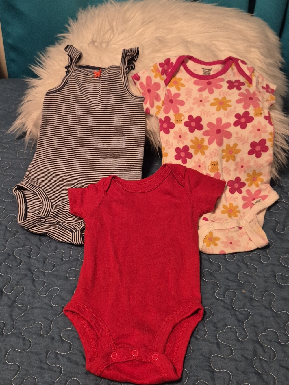 Baby Girls 3-Pack One-Piece Bodysuits - Pink Floral, Red, Navy Stripe